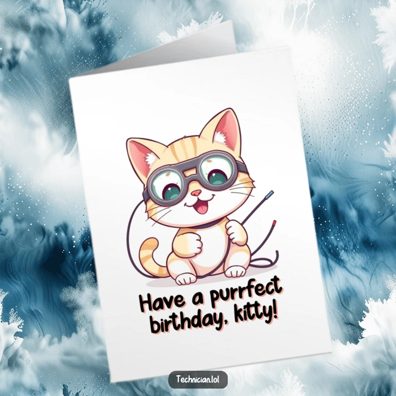 Funny Free Printable Birthday Card: Cat wearing goggles tinkering with wires, birthday humor for a techie.