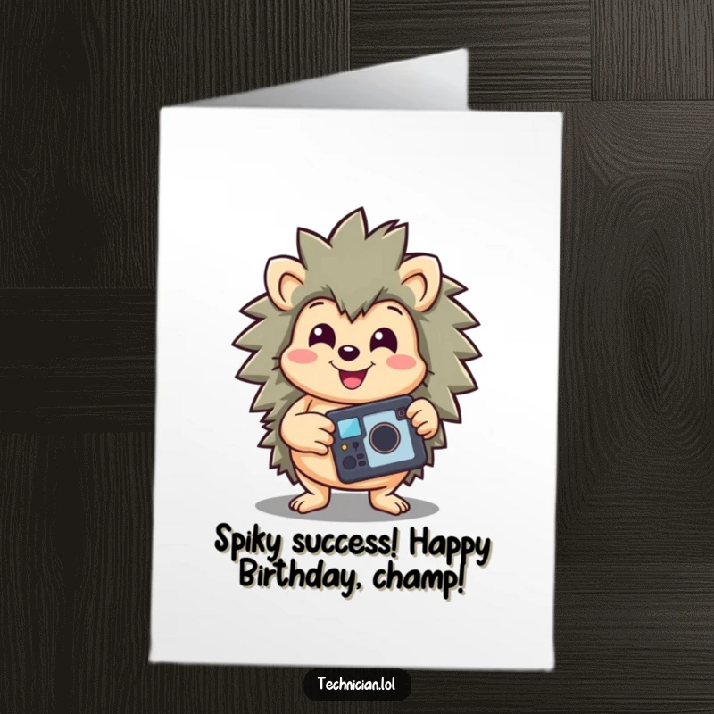 Funny Free Printable Birthday Card: Happy hedgehog beaming, proudly holding up a successfully repaired gadget.