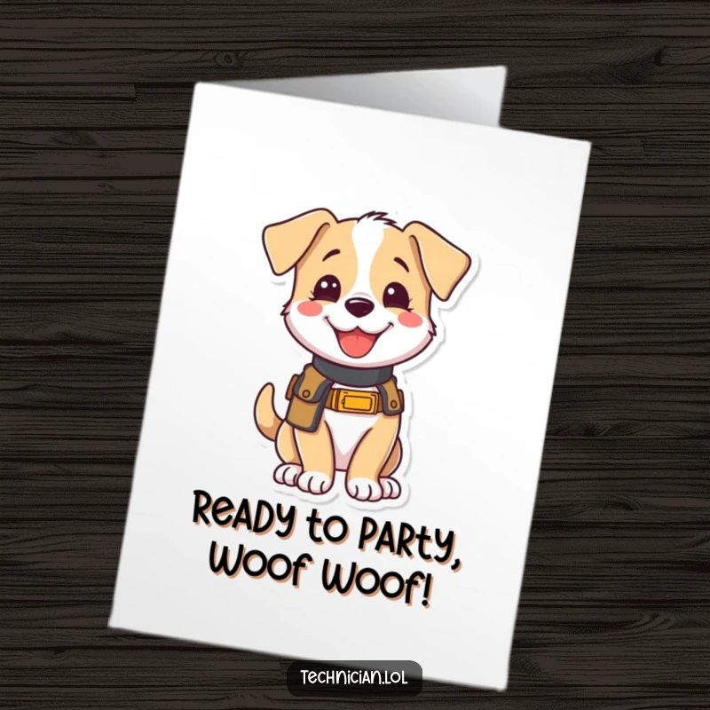 Funny Free Printable Birthday Card: A joyful puppy in a tool belt looks eager to help with birthday fun.