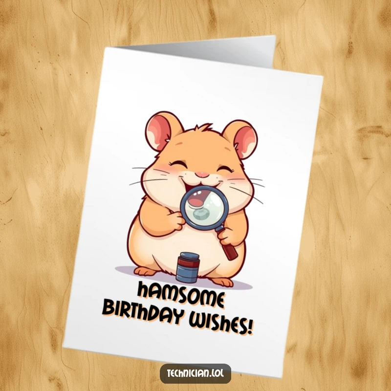 Funny Free Printable Birthday Card: A giggling hamster uses a magnifying glass to intently examine a small component, celebrating with focus.