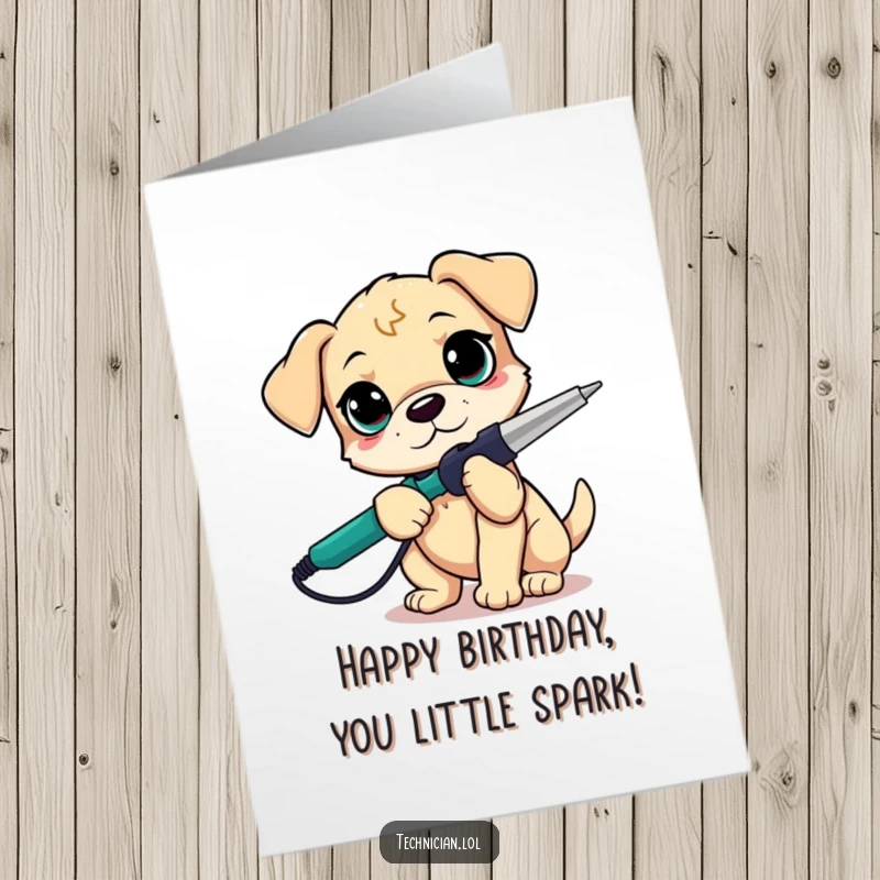 Funny Free Printable Puppy Birthday Card: Playful puppy with soldering iron, looking determined for DIY birthday fun.