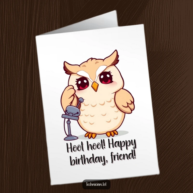 Funny Free Printable Owl Birthday Card: Cheerful owl adjusting a tiny satellite dish, celebrating with tech humor.