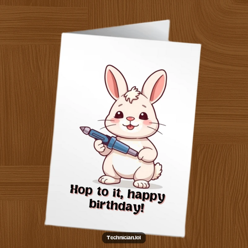 Funny Free Printable Birthday Card: Content rabbit holds a screwdriver, looking satisfied with birthday preparations.
