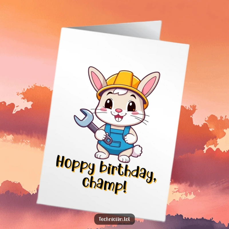 Funny free printable birthday card: A happy bunny in a hard hat holding a wrench, ready to build.