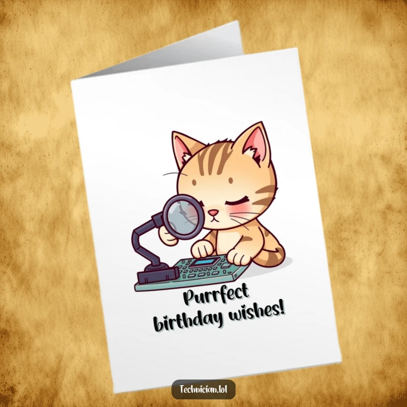 Funny free printable birthday card: A focused cat examining a circuit board with a magnifying glass.