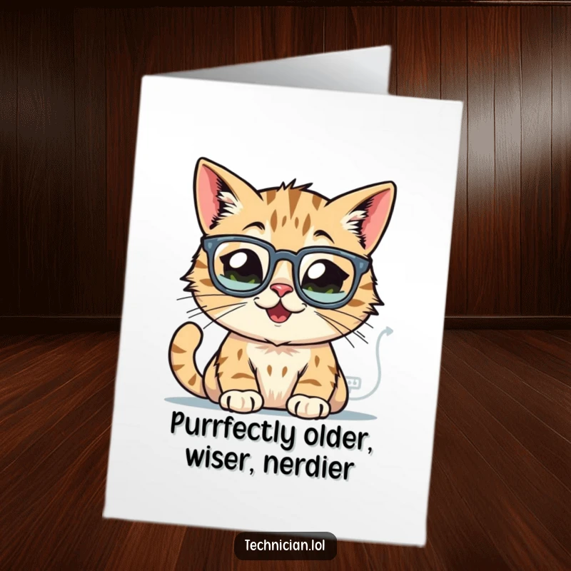 Funny Free Printable Birthday Card: A contented cat wearing eyeglasses intensely studies glowing computer schematics with deep concentration.