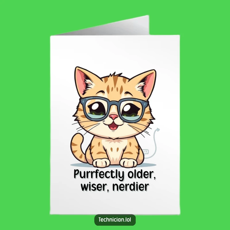 Free Printable Birthday Card: Funny Cat Nerd, Cheerful Downloadable Gift