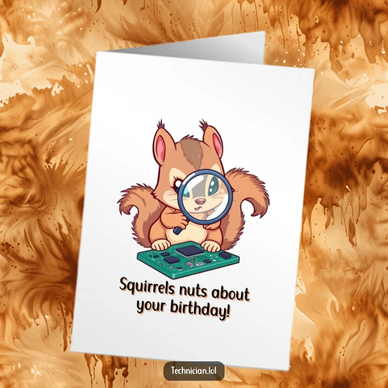 Funny Free Printable Birthday Card: Squirrel analyzing circuit board with magnifying glass, smart birthday humor.