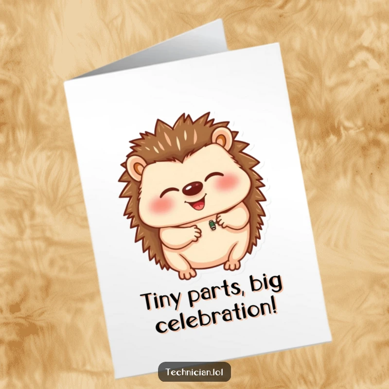 Funny Free Printable Birthday Card: A giggling hedgehog delicately places a tiny component, a celebration of meticulous fun.