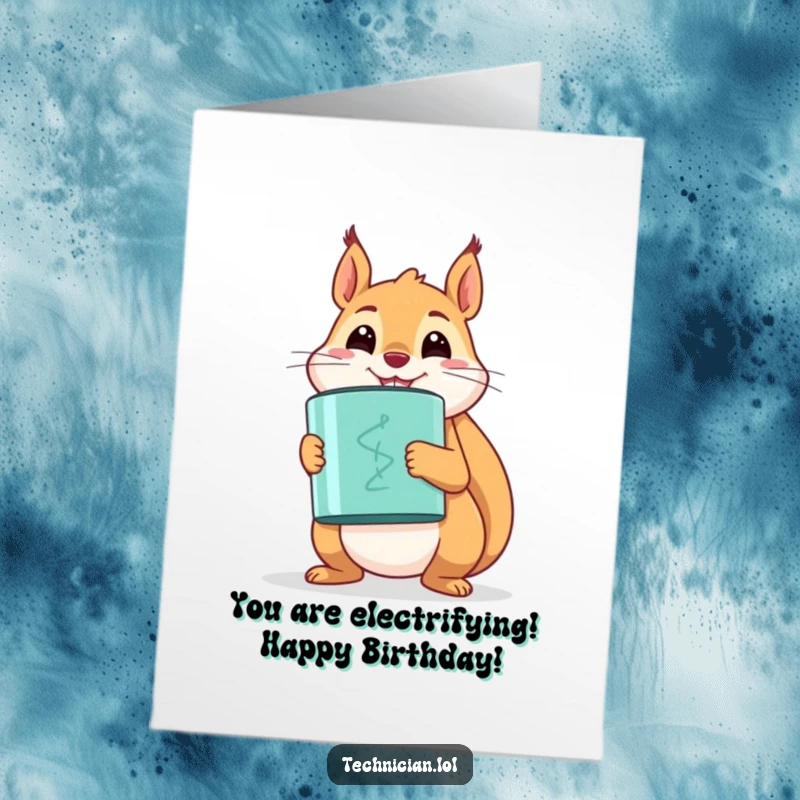 Funny Free Printable Birthday Card: A happy squirrel proudly holding a large capacitor, beaming with birthday joy and electrical enthusiasm.