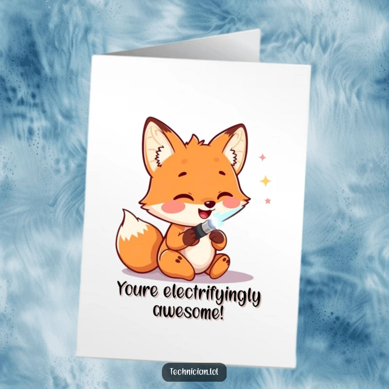 Funny Free Printable Birthday Card: Happy fox enthusiastically soldering wires with a glowing tool, a tech-themed celebration.