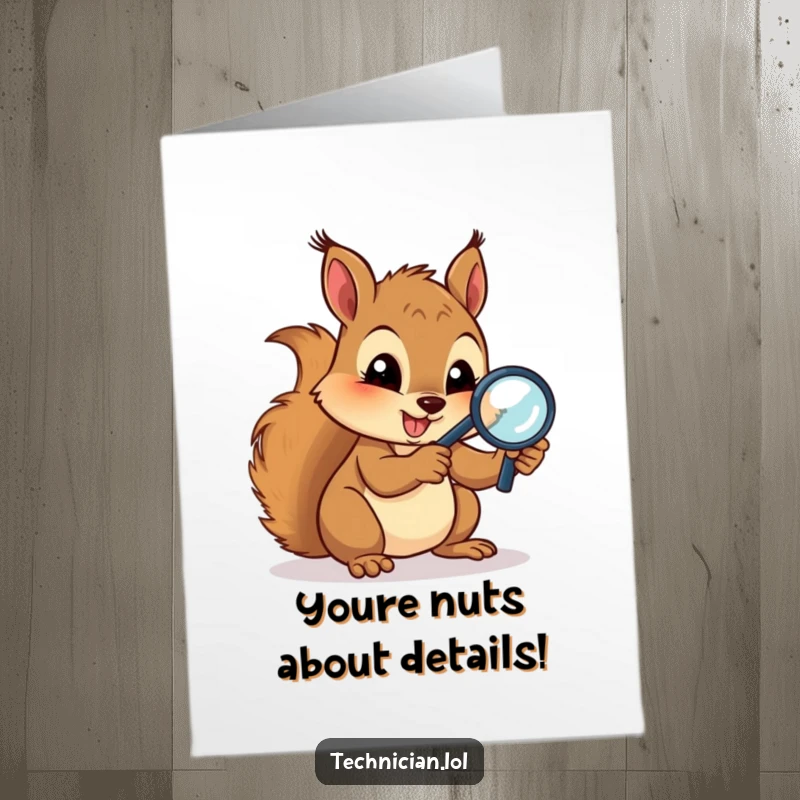 Funny Free Printable Birthday Card: Gleeful squirrel peering through a magnifying glass at intricate circuits, a curious celebration.