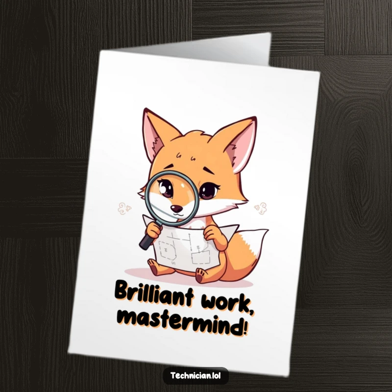Funny free printable congratulations card with a fox and magnifying glass looking at a diagram, great for DIY.