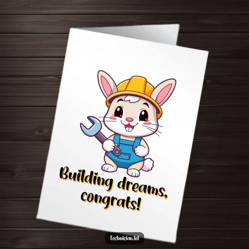 Funny free printable congratulations card: A happy bunny wearing a hard hat and holding a wrench.