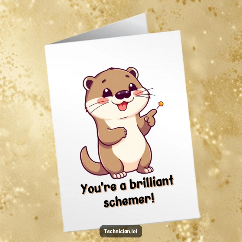Funny Free Printable Congratulations Card: Otter enthusiastically points at a complex schematic, celebrating a brilliant success.