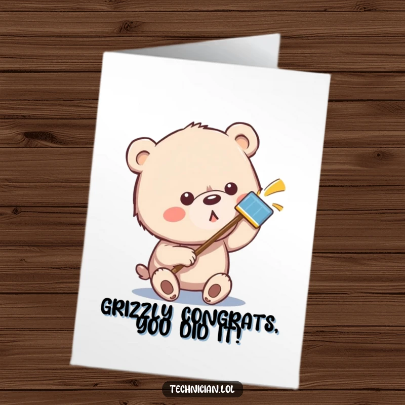 Funny Free Printable Congratulations Card: A focused bear meticulously polishes a metallic surface, symbolizing dedication to success.