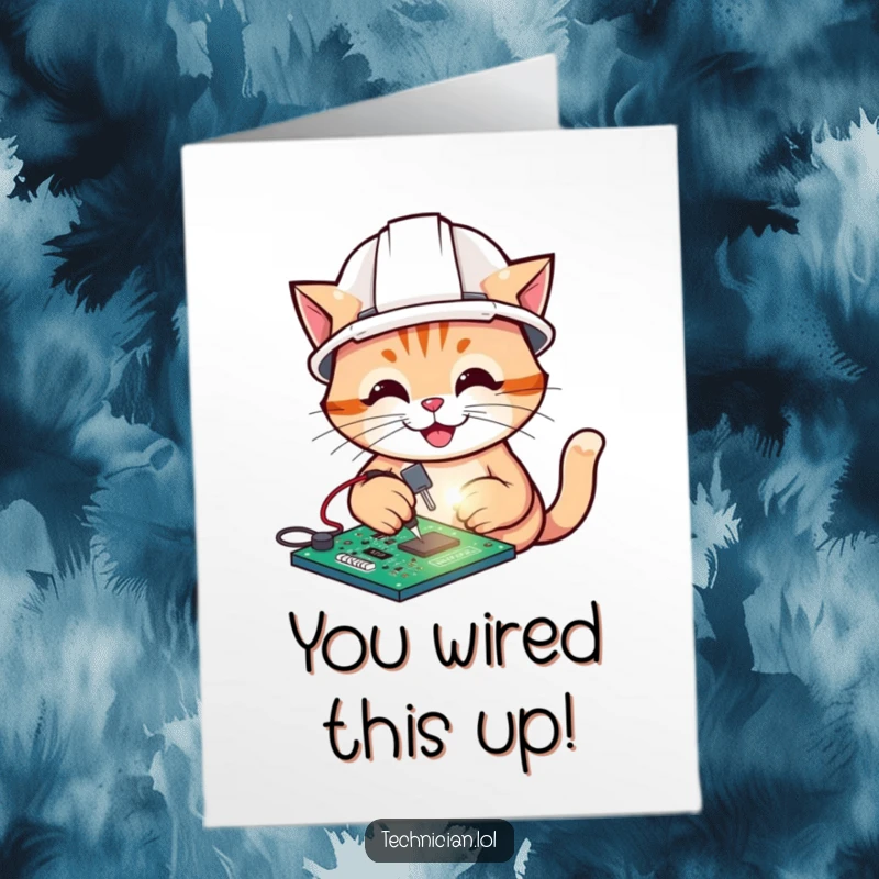 Funny Free Printable Congratulations Card: A cheerful cat wearing a hard hat, expertly soldering a bright circuit board.