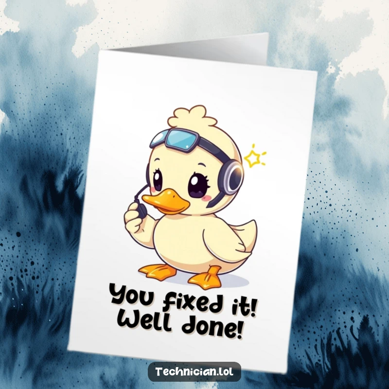 Funny Free Printable Congrats Card: A brave duck wearing a headset, fixing a blinking light, symbolizing a problem solved successfully.