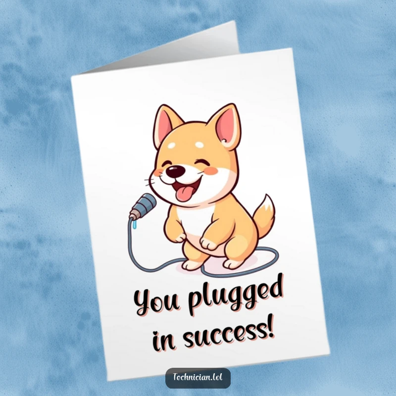 Funny Free Printable Congratulations Card: An ecstatic dog is shown mid-bounce, enthusiastically plugging a USB cable into a device.