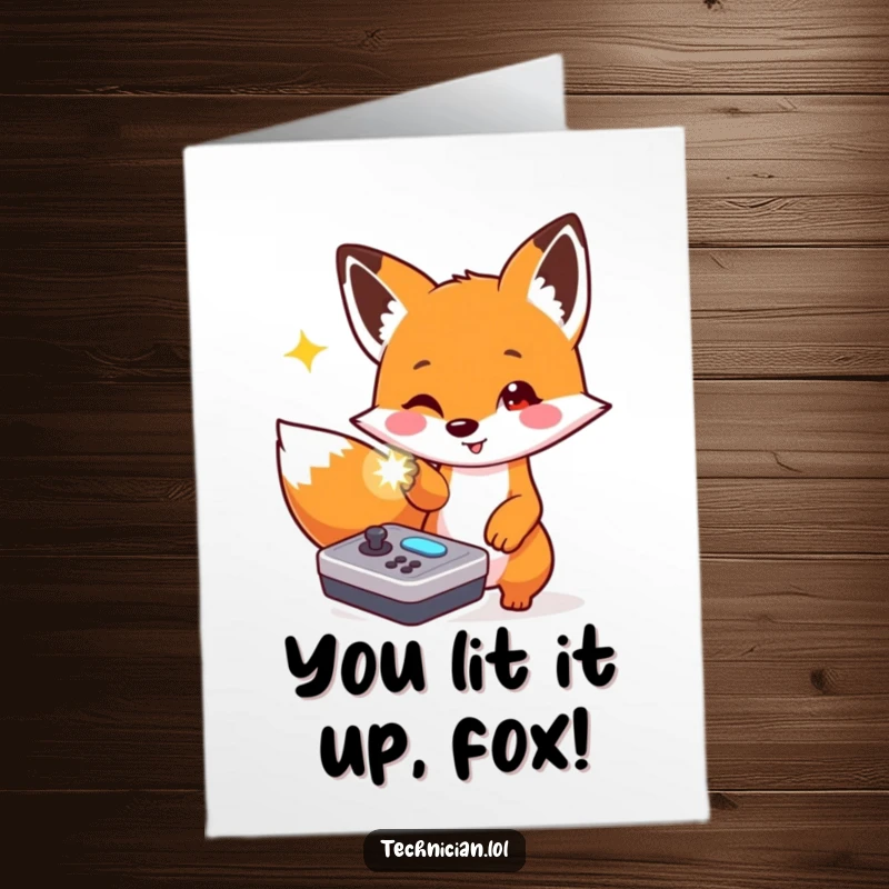 Funny Free Printable Congratulations Card: Fox pointing at flashing console light, celebrating a gaming achievement.