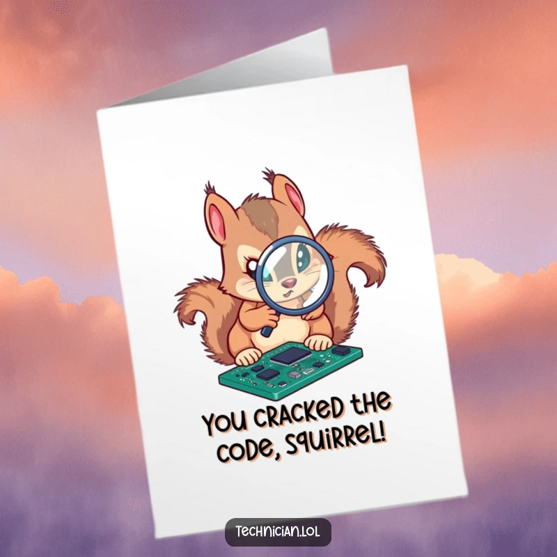 Funny Free Printable Congratulations Card: Squirrel with magnifying glass examining a circuit board, celebrating intelligence.