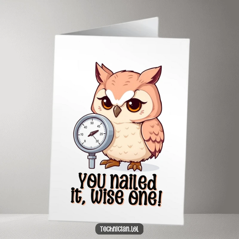 Funny Free Printable Congrats Card: A focused owl intently checking a pressure gauge, signifying a perfectly achieved success.