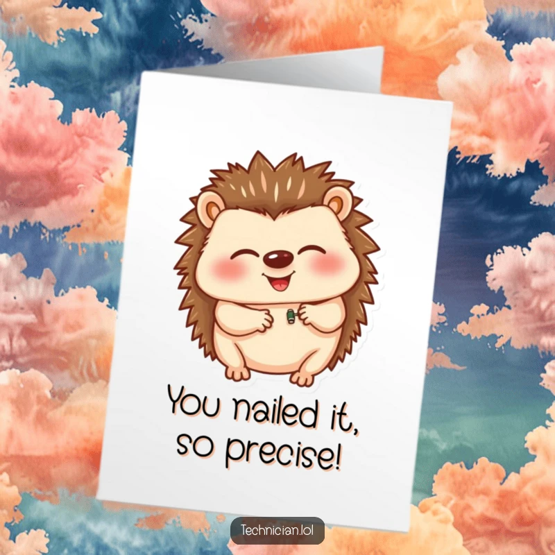 Funny Free Printable Congratulations Card: A giggling hedgehog carefully inserts a tiny component, celebrating a successful project.