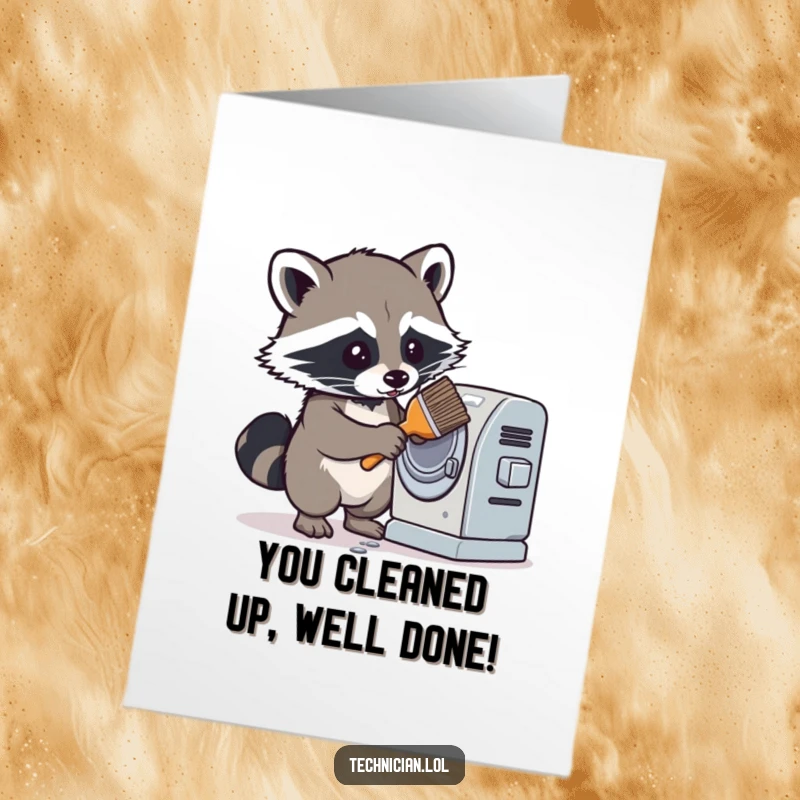 Funny Free Printable Congratulations Card: A determined raccoon scrubs a dusty machine, celebrating a spotless achievement.