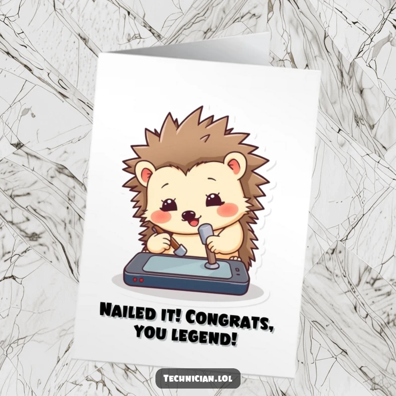 Funny Free Printable Congratulations Card: A stressed hedgehog hammers at a computer with a tiny tool, symbolizing effort.