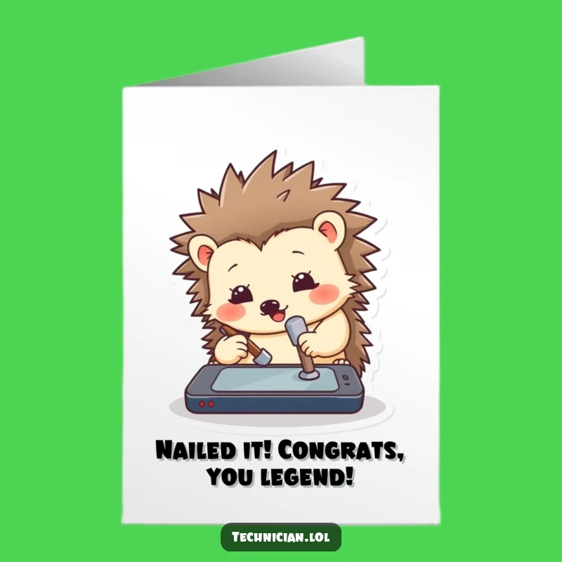 Free Printable Congrats Card: Hedgehog Hammering Tech - Funny Downloadable Gift!