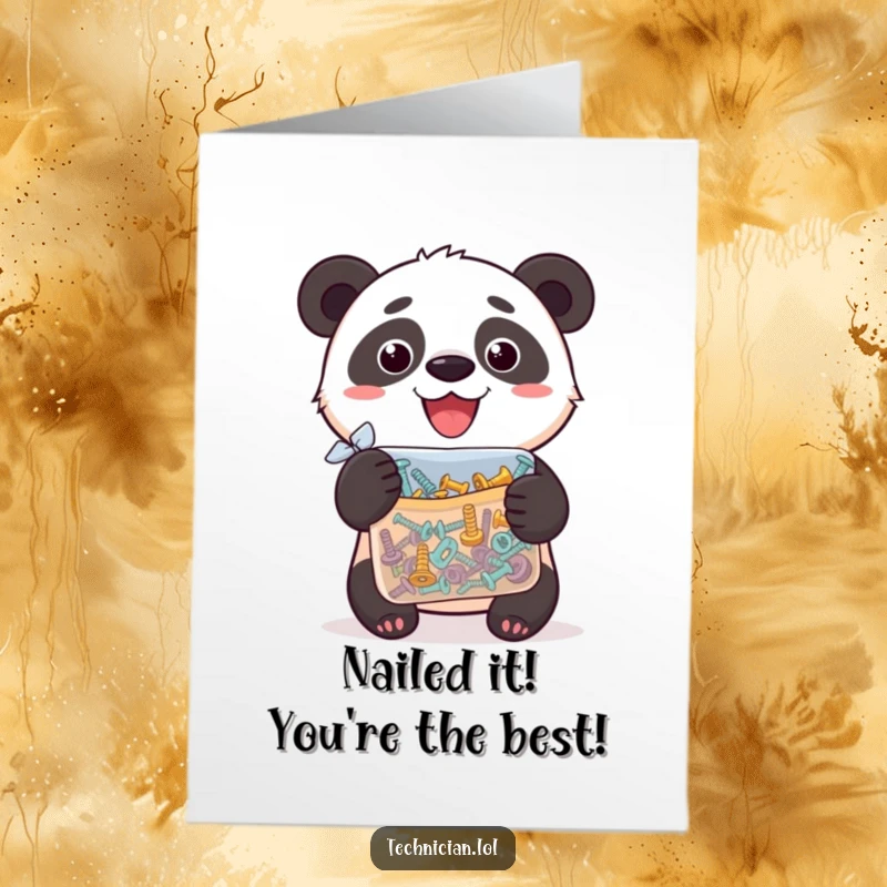 Funny free printable congratulations card: a silly panda looks exceptionally proud holding a bag overflowing with screws.