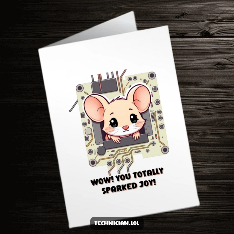 Funny Free Printable Congrats Card: A shy mouse peeking from a circuit board, looking amazed at a technological breakthrough.
