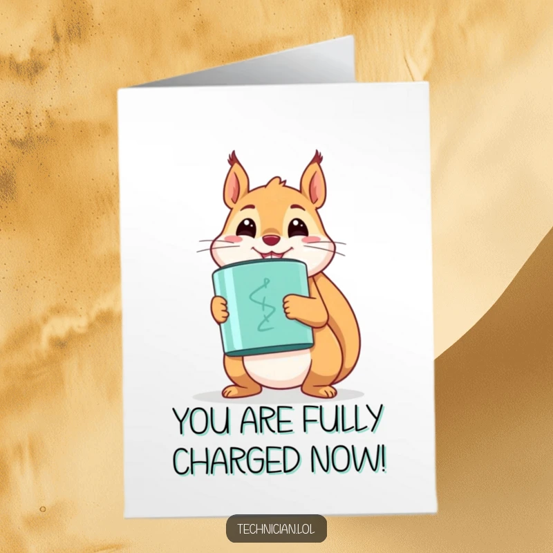 Funny Free Printable Congrats Card: A happy squirrel proudly holding a large capacitor, celebrating a successful and powerful accomplishment.