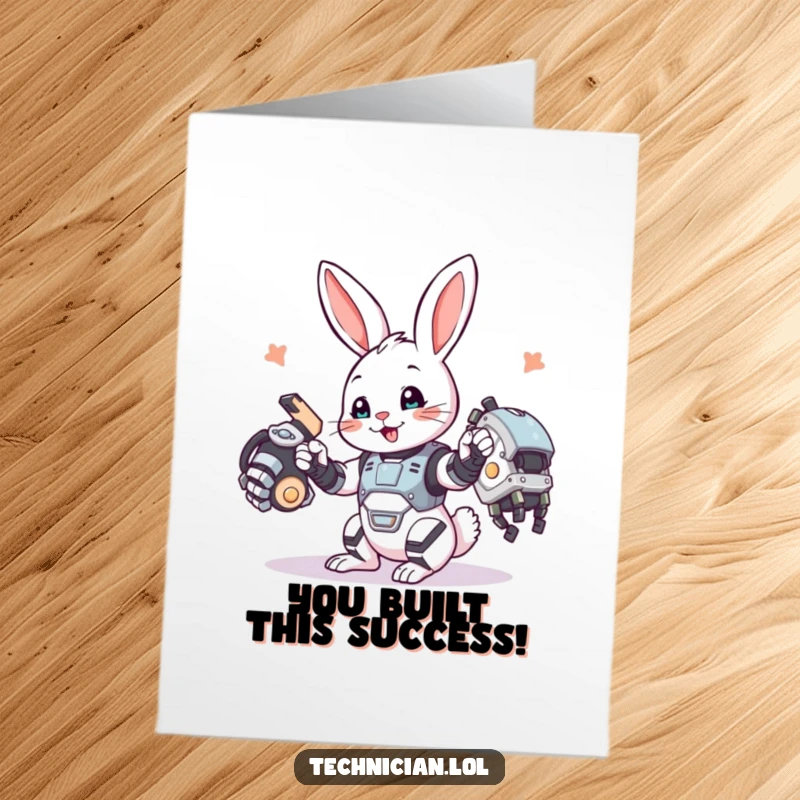 Funny free printable congratulations card with a bunny happily assembling a robotic arm, great for DIY.