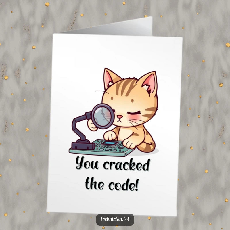 Funny free printable congratulations card: A focused cat examining a circuit board with a magnifying glass.