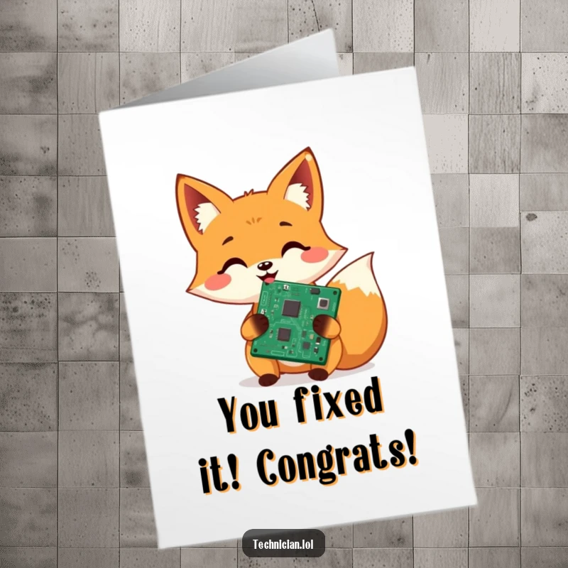 Funny Free Printable Congratulations Card: A cheerful fox proudly shows off a repaired circuit board, conveying success and tech mastery.