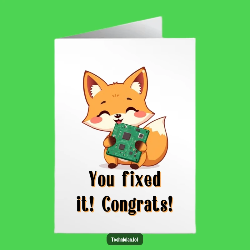 Free Printable Congrats Card: Expert Fox Fixes Circuit Board - Downloadable Gift