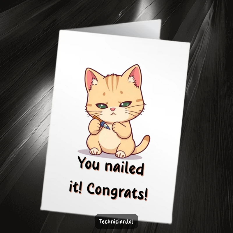 Funny Free Printable Congratulations Card: A determined cat uses a tiny screwdriver with pinpoint accuracy, celebrating a job well done.