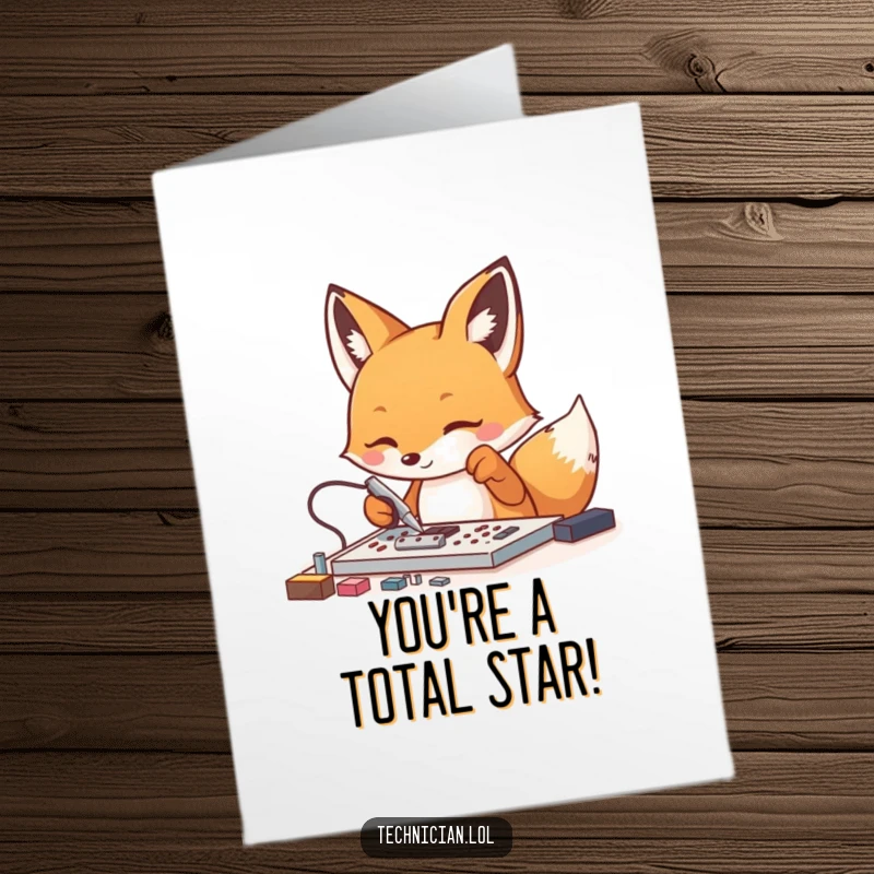 Funny Free Printable Congratulations Card: Energetic fox with tweezers, celebrating expert achievements with DIY humor.