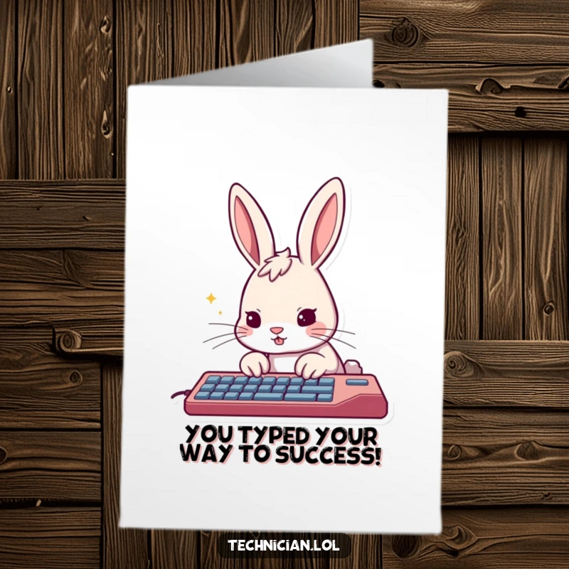 Funny Free Printable Congratulations Card: A determined rabbit furiously types on a keyboard, symbolizing accomplishment and rapid progress.