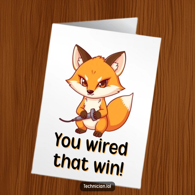 Funny Free Printable Congratulations Card showing a determined fox with a soldering iron, celebrating a successful project completion.