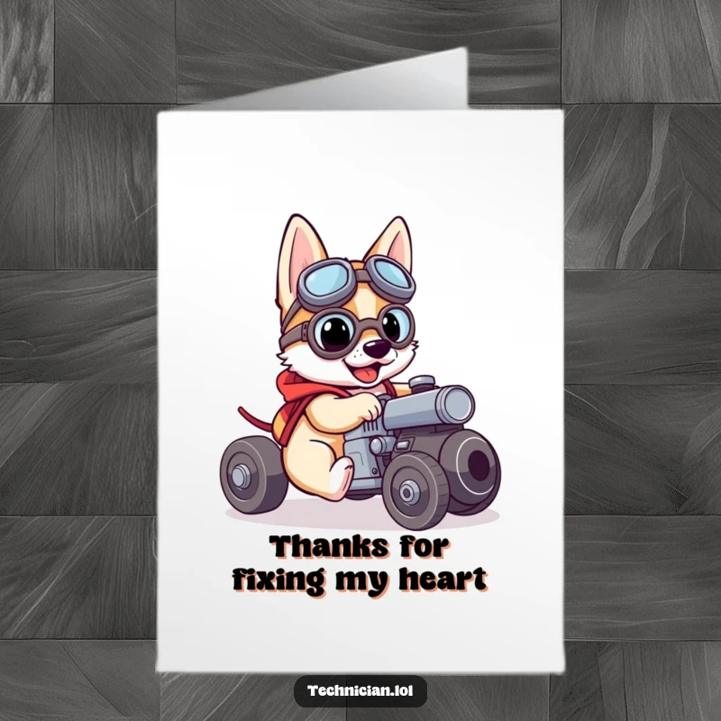 Funny free printable thank you card with a dog mechanic in goggles, tools in hand, ready to express gratitude.