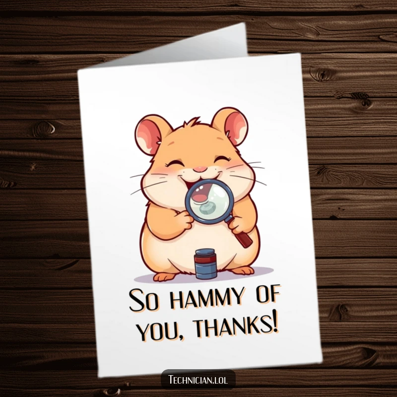 Funny Free Printable Thank You Card: A giggling hamster meticulously inspects a small component with a magnifying glass, showing detailed gratitude.