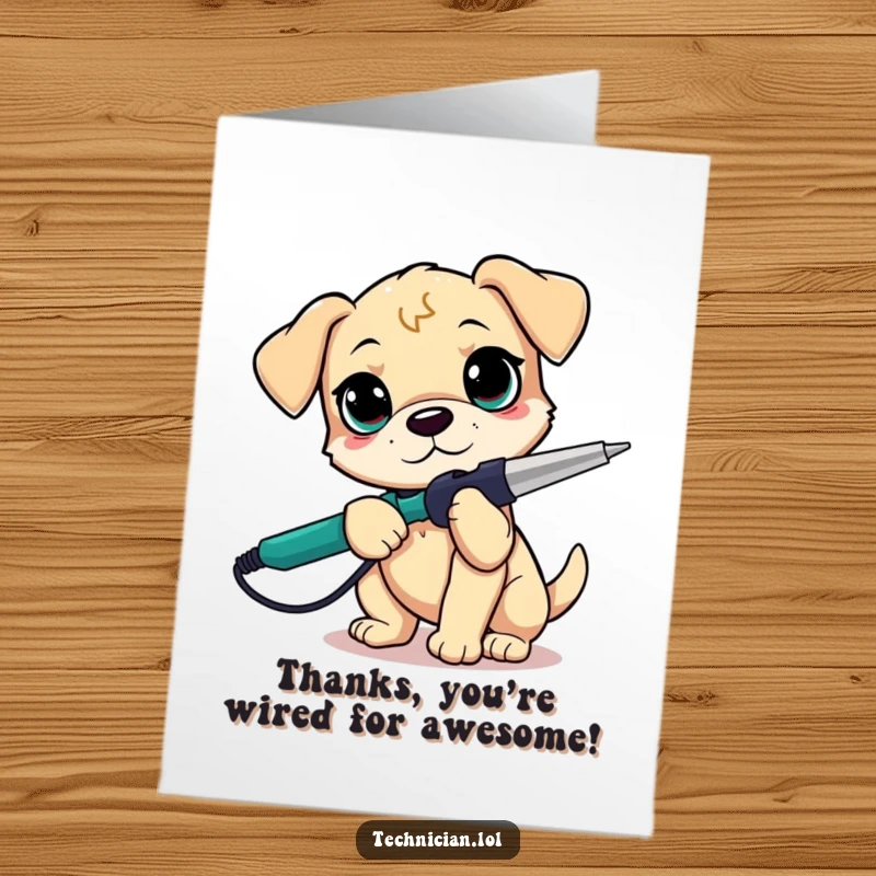 Funny Free Printable Puppy Maker Card: Playful puppy holding a soldering iron, offering a cute thank you.