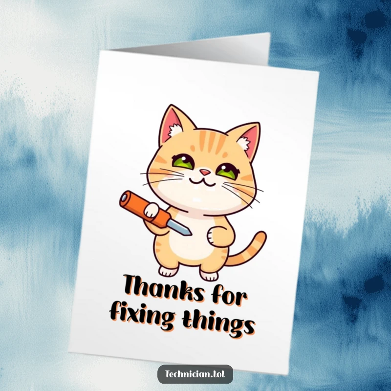 Funny Free Printable Thank You Card: A smiling, determined cat holds a screwdriver, offering thanks with a handy vibe.