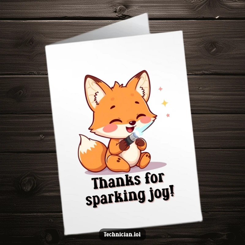 Funny Free Printable Thank You Card: A happy fox soldering wires, expressing thanks with a glowing tool and a smile.