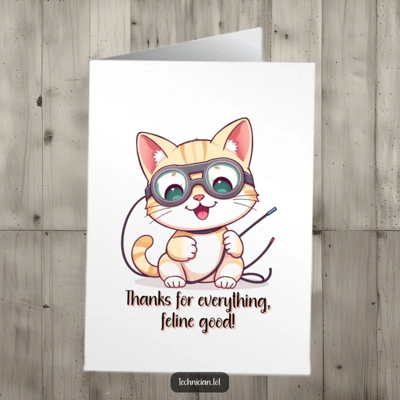 Funny Free Printable Thank You Card: Cat electrician with goggles, fixing wires, humorous thank you note.