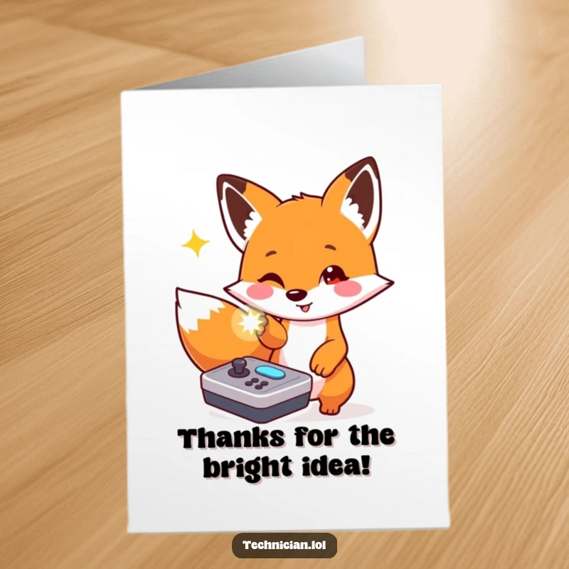 Funny Free Printable Thank You Card: Fox pointing at a console light, a playful thank you note.