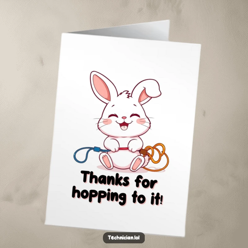 Funny Free Printable Thank You Card: Rabbit connecting wires, a cute and humorous thank you.