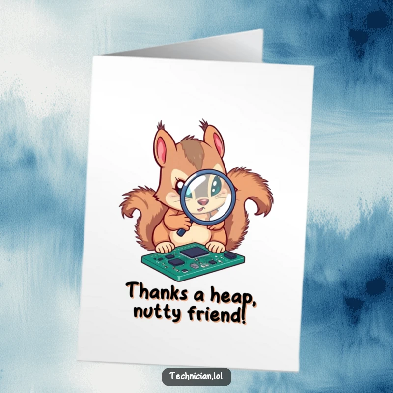 Funny Free Printable Thank You Card: Squirrel analyzing a circuit board, a smart and humorous thank you.